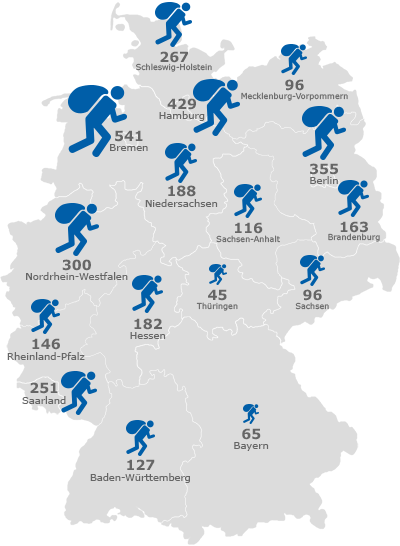 Deutschlandkarte: Anzahl der Wohnungseinbrüche in den einzelnen Bundesländern.
