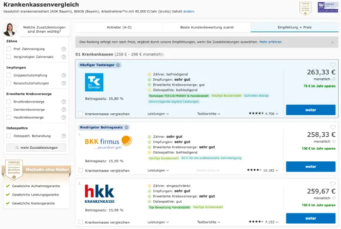 Screenshot der Ergebnisse aus dem CHECK24-Vergleich für gesetzliche Krankenversicherungen