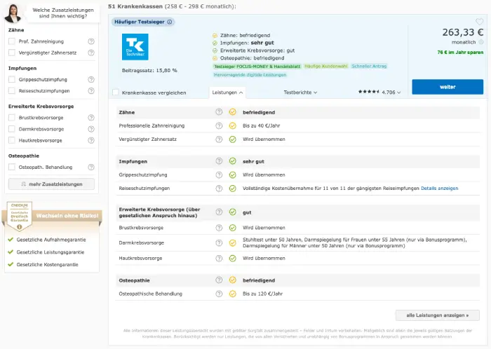 Screenshot der Tarifdetails im CHECK24-Vergleich für gesetzliche Krankenversicherungen