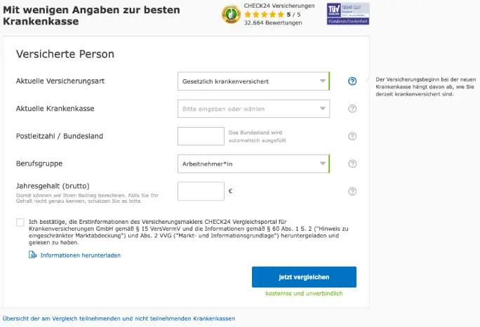 Screenshot GKV-Vergleich: Einsprung