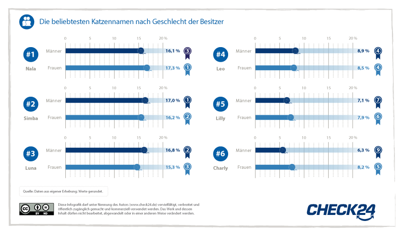 Beliebteste Katzennamen der Geschlechter