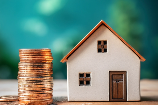 Wie viel Haus kann ich mir leisten? Ein Haus mit einem Münzstapel daneben