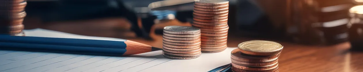 Kredit mit befristetem Arbeitsvertrag Münzen, Stift und Papier auf einem Schreibtisch