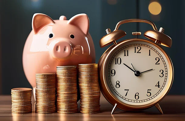 Geldanlage für kurze oder lange Zeit? Sparschwein mit Uhr und Münzen